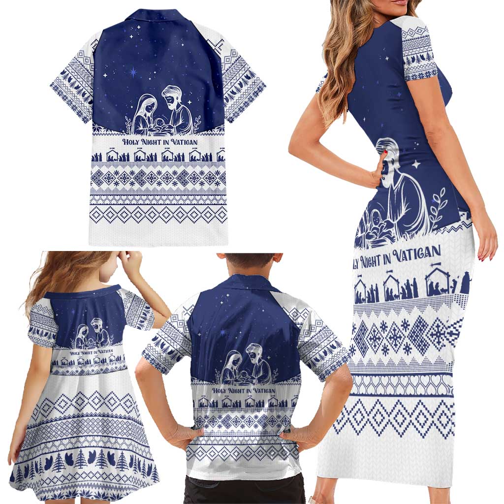 Vatican Christmas Family Matching Short Sleeve Bodycon Dress and Hawaiian Shirt with Holy Family Nativity Scene Snowflake Pattern and Starry Night - Wonder Print Shop