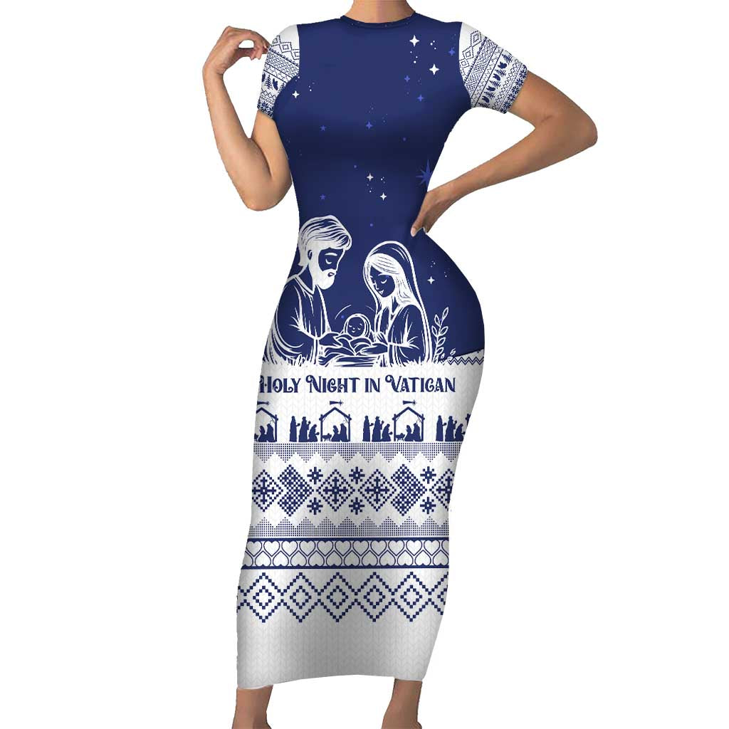 Vatican Christmas Family Matching Short Sleeve Bodycon Dress and Hawaiian Shirt with Holy Family Nativity Scene Snowflake Pattern and Starry Night - Wonder Print Shop