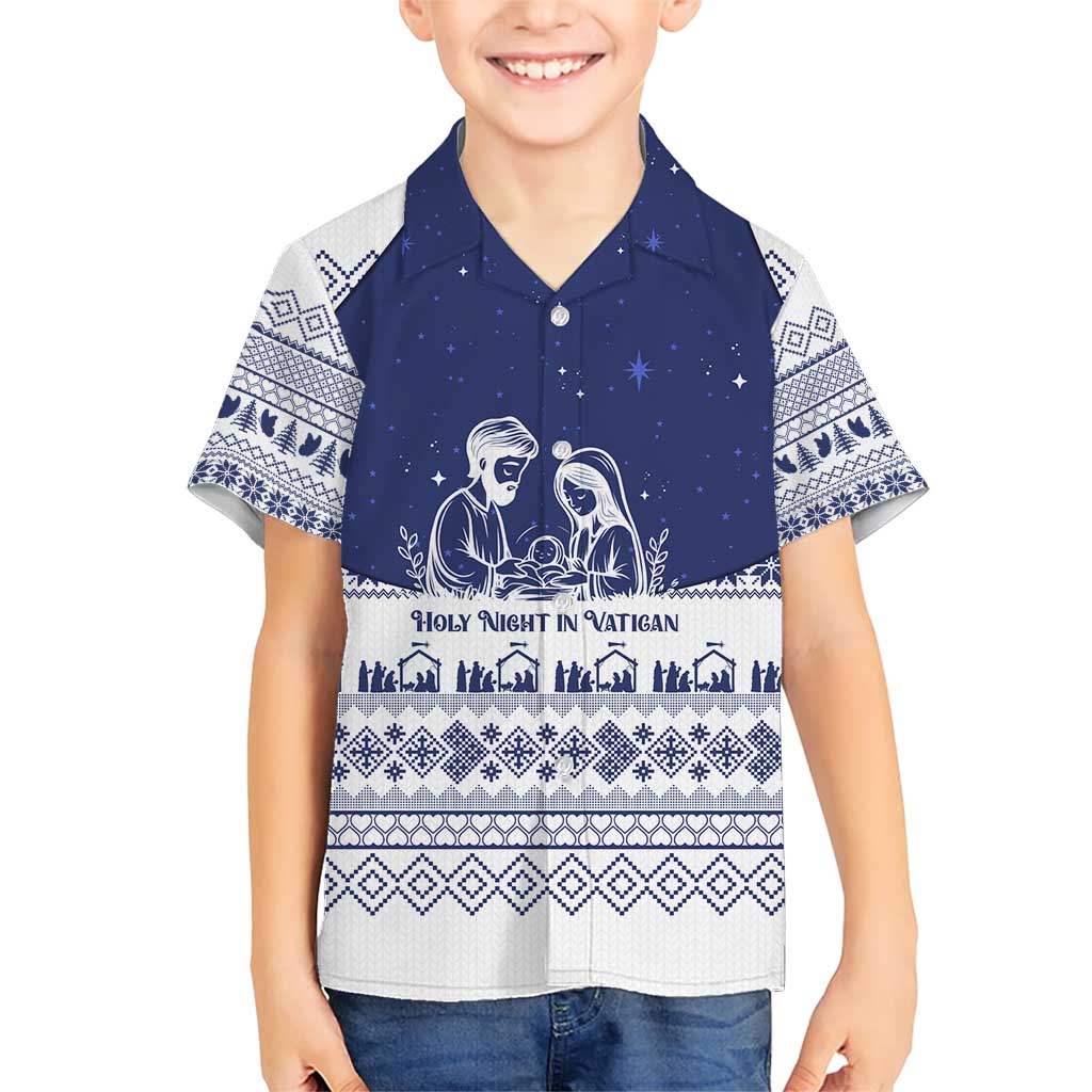 Vatican Christmas Family Matching Short Sleeve Bodycon Dress and Hawaiian Shirt with Holy Family Nativity Scene Snowflake Pattern and Starry Night - Wonder Print Shop