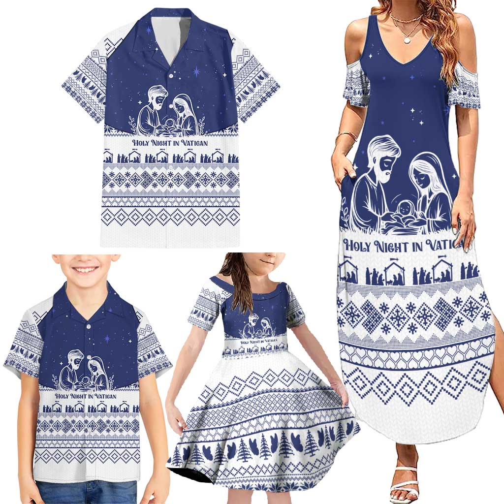 Vatican Christmas Family Matching Summer Maxi Dress and Hawaiian Shirt with Holy Family Nativity Scene Snowflake Pattern and Starry Night - Wonder Print Shop