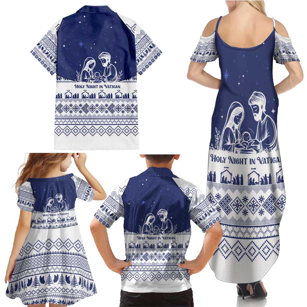Vatican Christmas Family Matching Summer Maxi Dress and Hawaiian Shirt with Holy Family Nativity Scene Snowflake Pattern and Starry Night - Wonder Print Shop