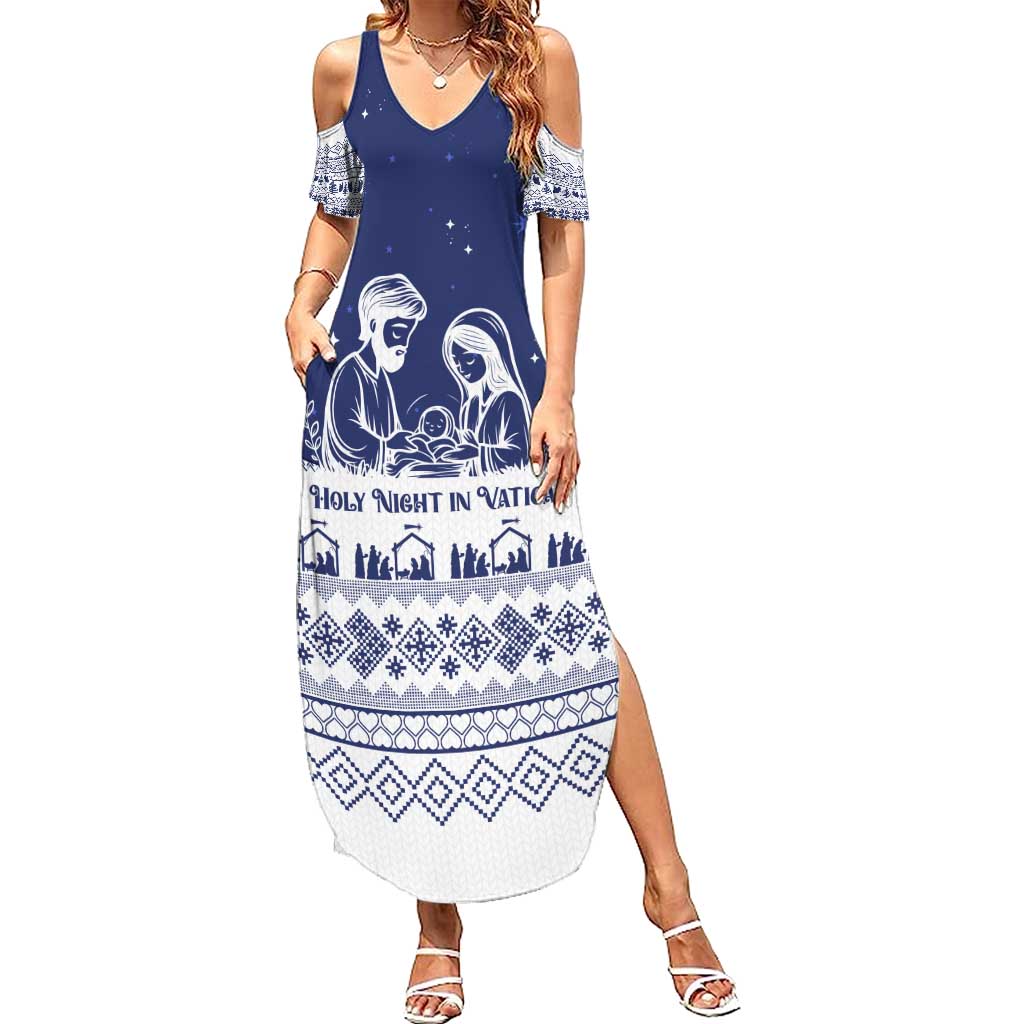 Vatican Christmas Family Matching Summer Maxi Dress and Hawaiian Shirt with Holy Family Nativity Scene Snowflake Pattern and Starry Night - Wonder Print Shop
