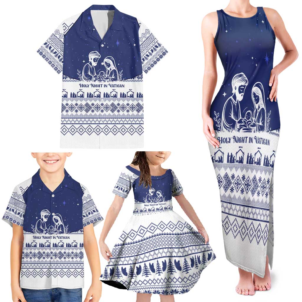Vatican Christmas Family Matching Tank Maxi Dress and Hawaiian Shirt with Holy Family Nativity Scene Snowflake Pattern and Starry Night - Wonder Print Shop