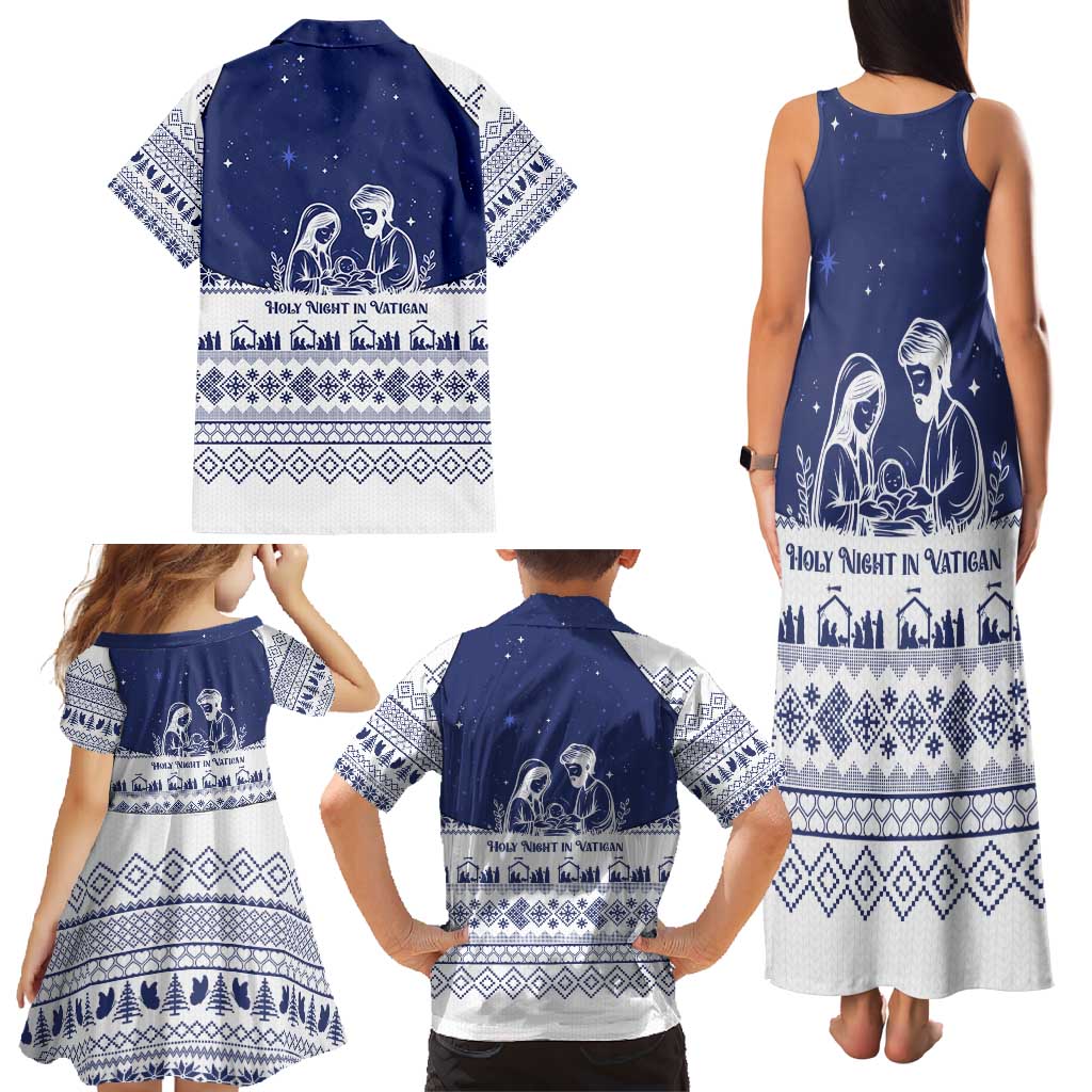 Vatican Christmas Family Matching Tank Maxi Dress and Hawaiian Shirt with Holy Family Nativity Scene Snowflake Pattern and Starry Night - Wonder Print Shop