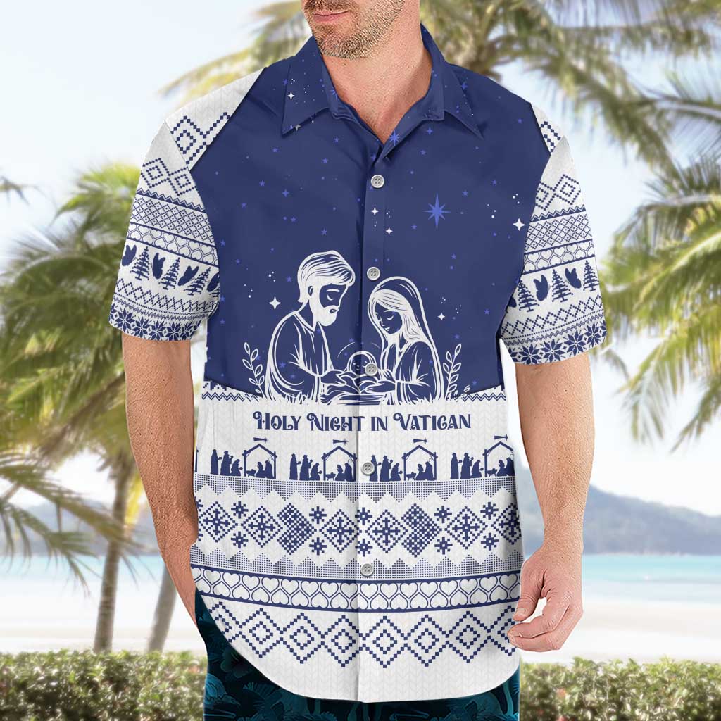 Vatican Christmas Hawaiian Shirt with Holy Family Nativity Scene Snowflake Pattern and Starry Night - Wonder Print Shop