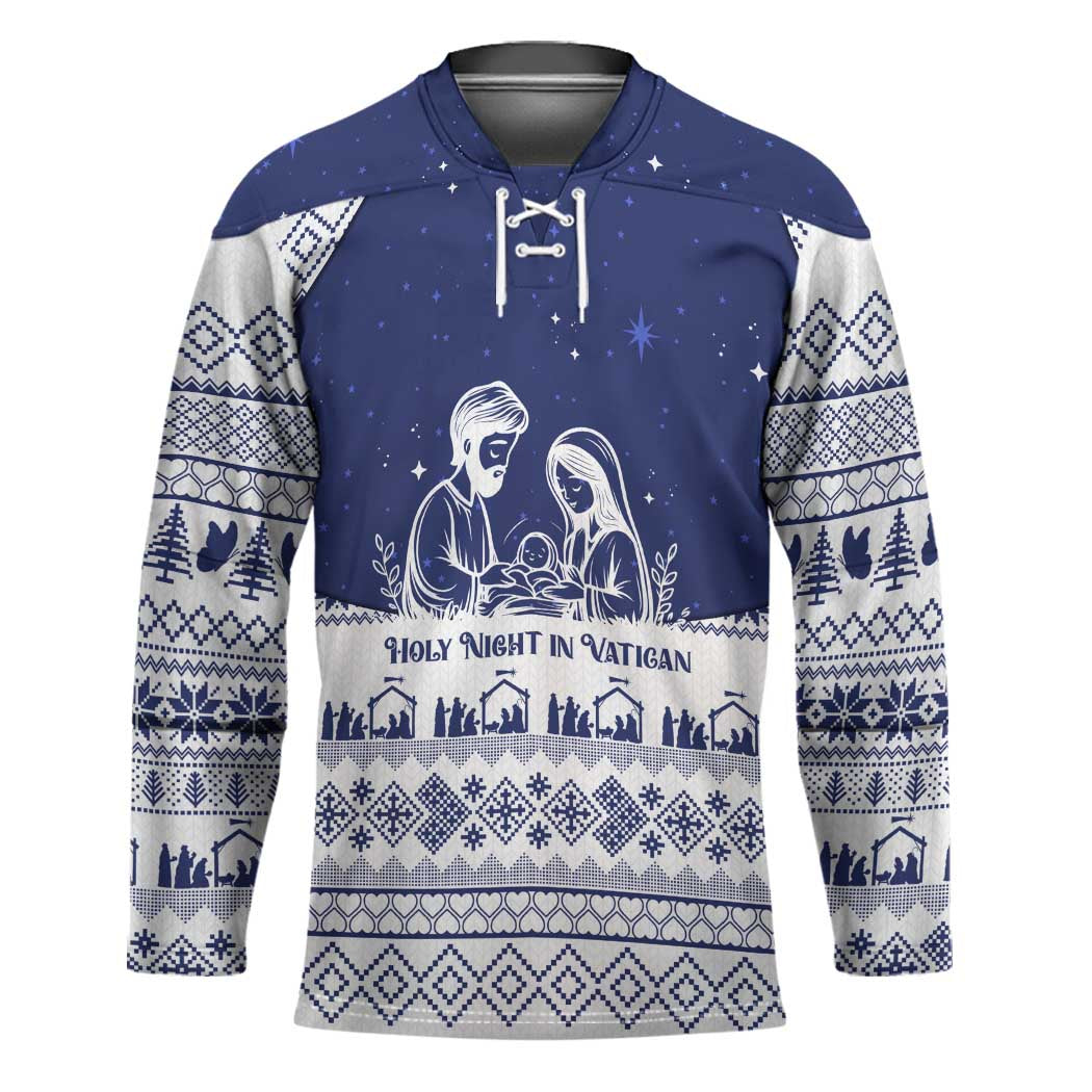Vatican Christmas Hockey Jersey with Holy Family Nativity Scene Snowflake Pattern and Starry Night - Wonder Print Shop