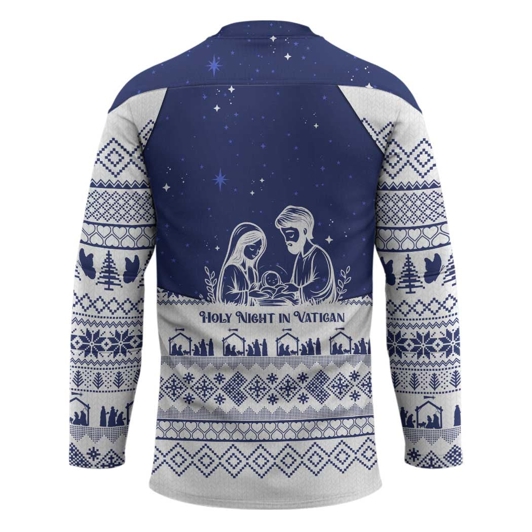 Vatican Christmas Hockey Jersey with Holy Family Nativity Scene Snowflake Pattern and Starry Night - Wonder Print Shop