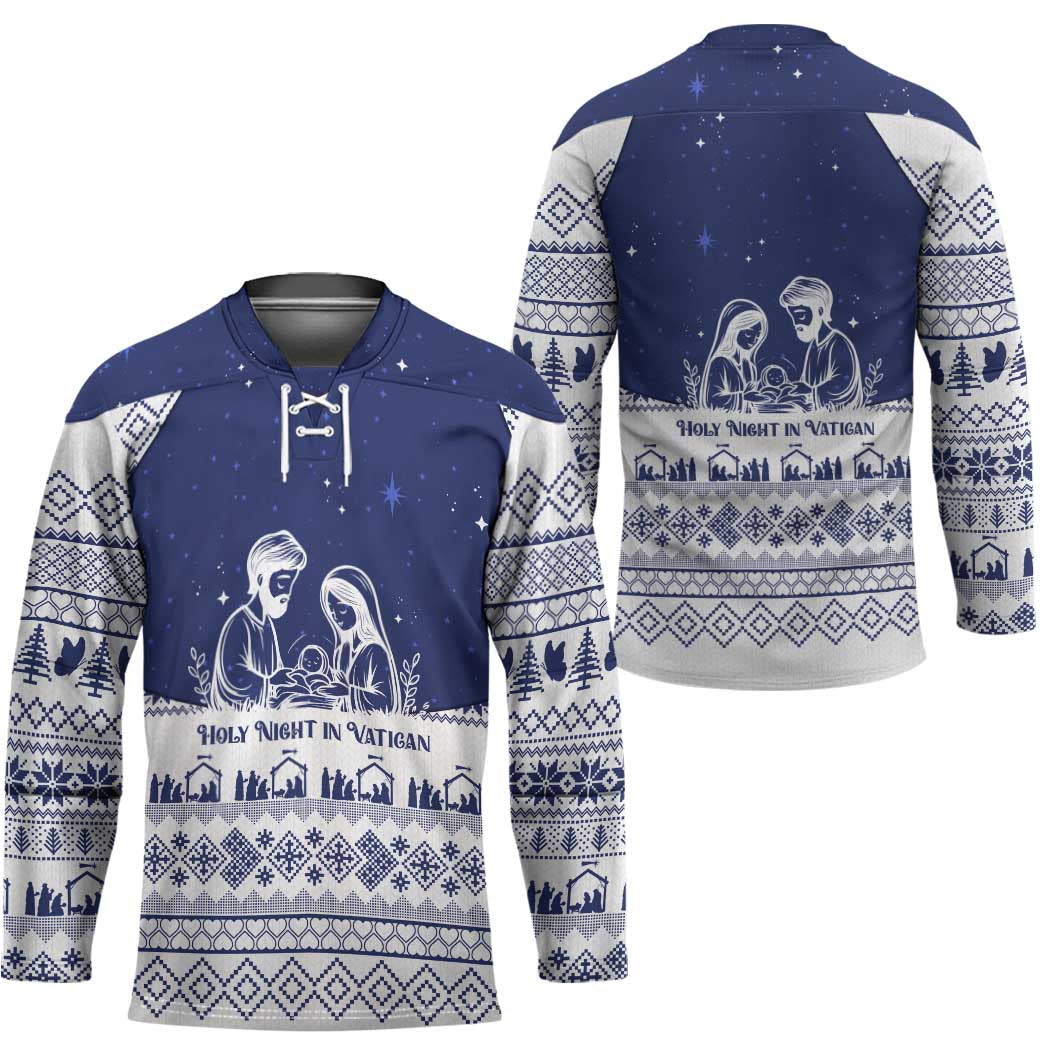 Vatican Christmas Hockey Jersey with Holy Family Nativity Scene Snowflake Pattern and Starry Night - Wonder Print Shop