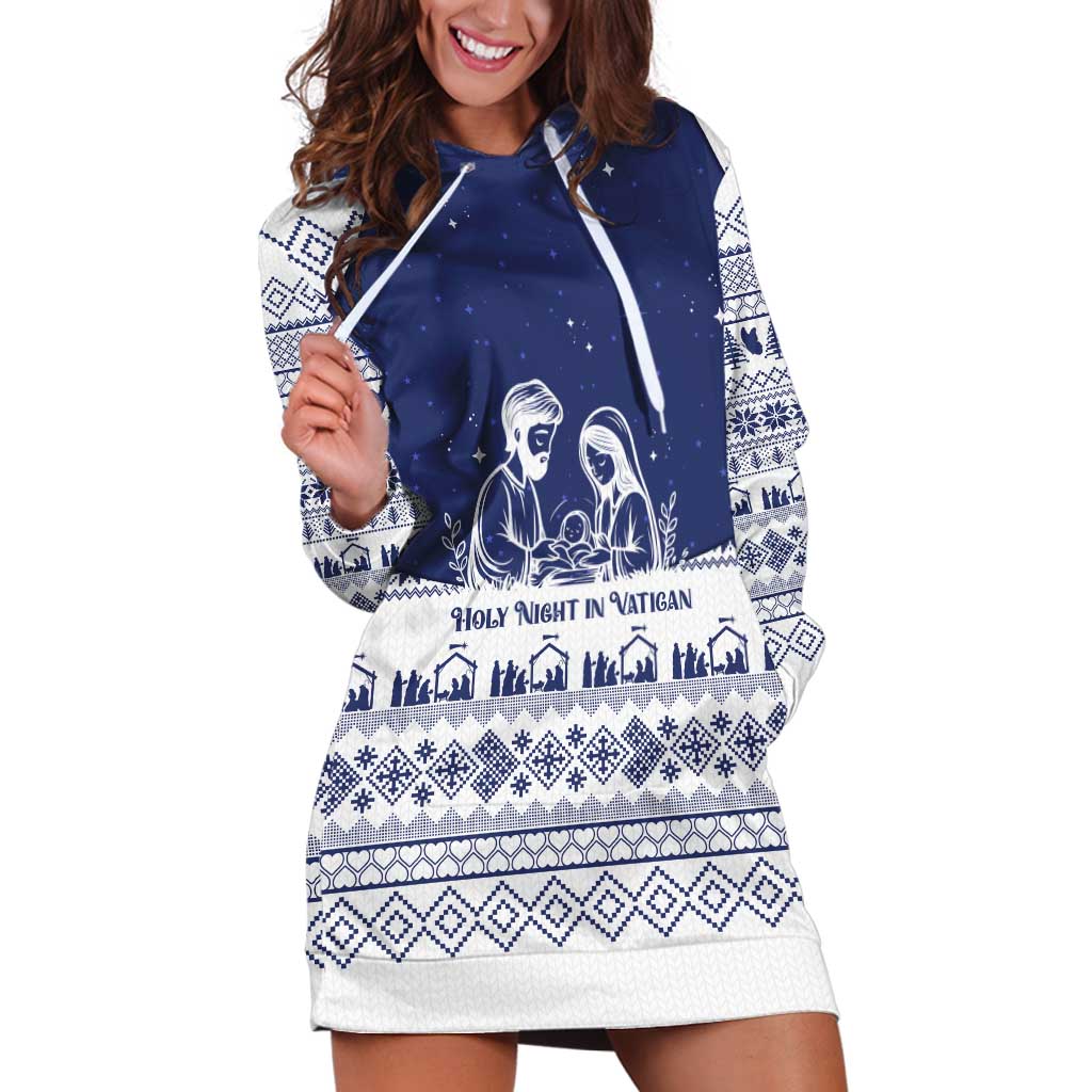 Vatican Christmas Hoodie Dress with Holy Family Nativity Scene Snowflake Pattern and Starry Night - Wonder Print Shop