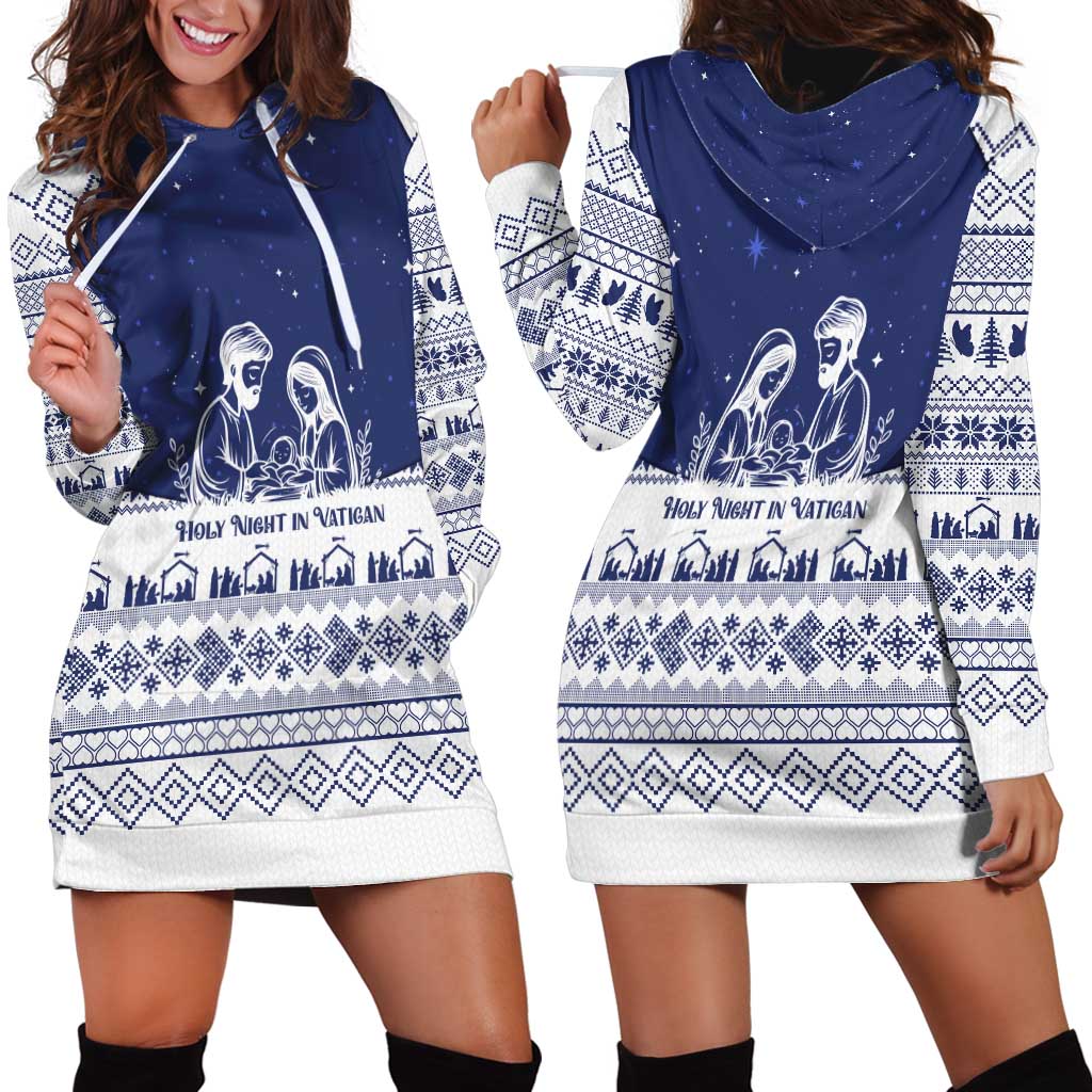 Vatican Christmas Hoodie Dress with Holy Family Nativity Scene Snowflake Pattern and Starry Night - Wonder Print Shop
