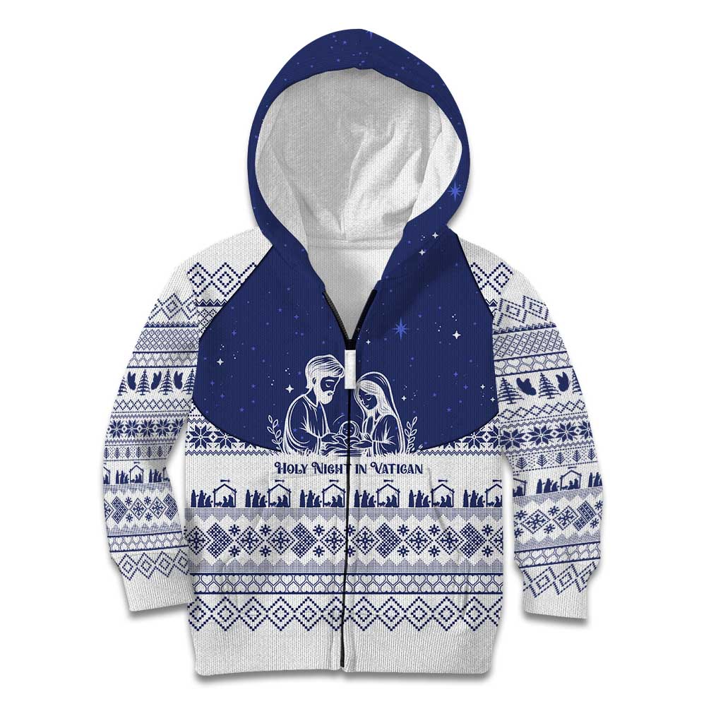Vatican Christmas Kid Hoodie with Holy Family Nativity Scene Snowflake Pattern and Starry Night - Wonder Print Shop