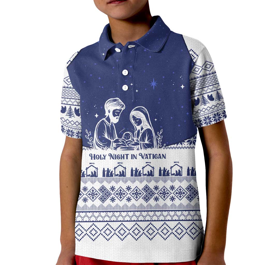 Vatican Christmas Kid Polo Shirt with Holy Family Nativity Scene Snowflake Pattern and Starry Night - Wonder Print Shop