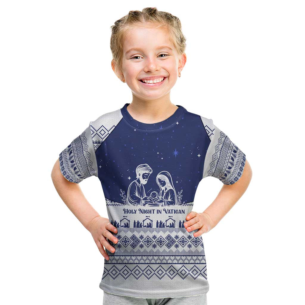 Vatican Christmas Kid T Shirt with Holy Family Nativity Scene Snowflake Pattern and Starry Night - Wonder Print Shop