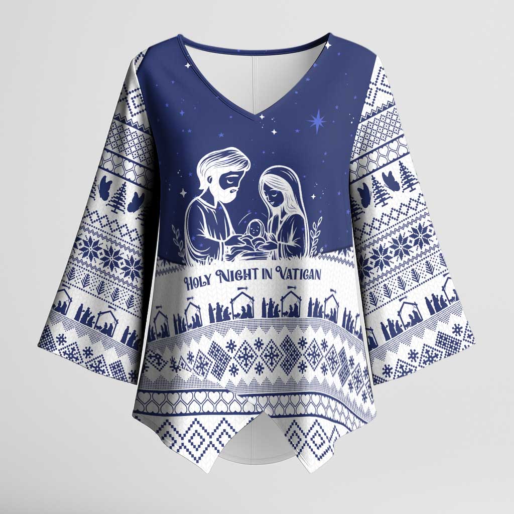 Vatican Christmas Kimono Sleeve Blouse with Holy Family Nativity Scene Snowflake Pattern and Starry Night - Wonder Print Shop