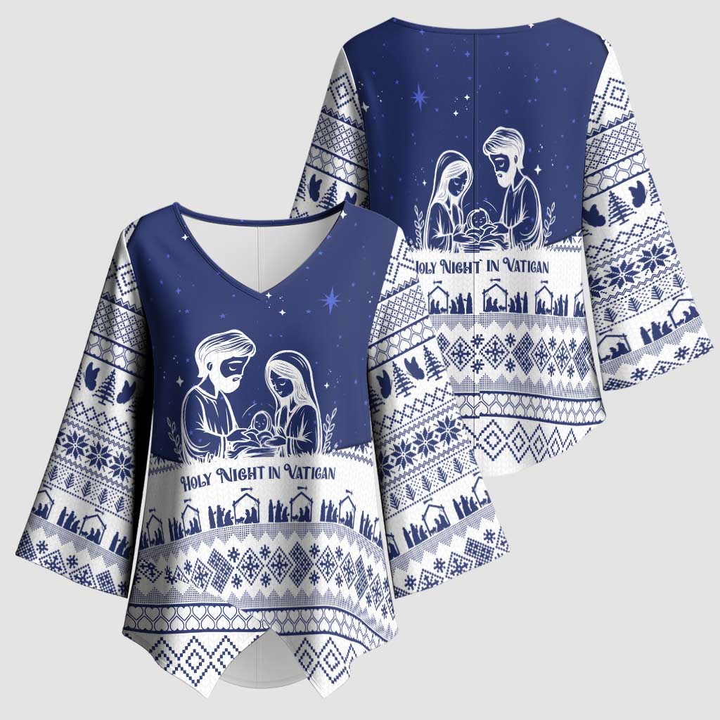 Vatican Christmas Kimono Sleeve Blouse with Holy Family Nativity Scene Snowflake Pattern and Starry Night - Wonder Print Shop