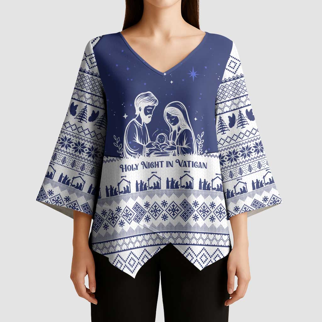 Vatican Christmas Kimono Sleeve Blouse with Holy Family Nativity Scene Snowflake Pattern and Starry Night - Wonder Print Shop