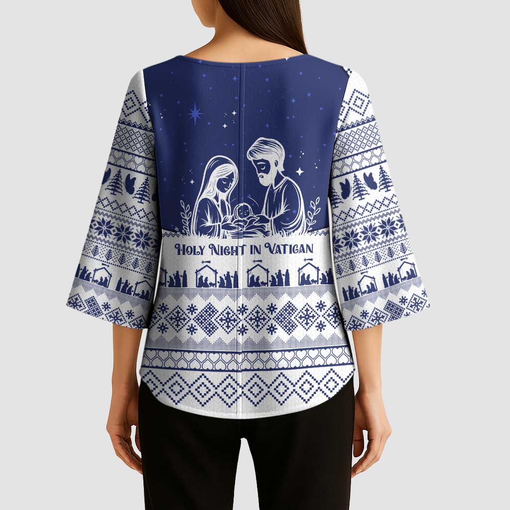Vatican Christmas Kimono Sleeve Blouse with Holy Family Nativity Scene Snowflake Pattern and Starry Night - Wonder Print Shop
