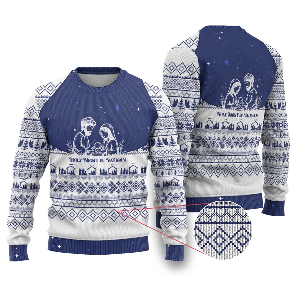 Vatican Christmas Ugly Christmas Sweater with Holy Family Nativity Scene Snowflake Pattern and Starry Night - Wonder Print Shop