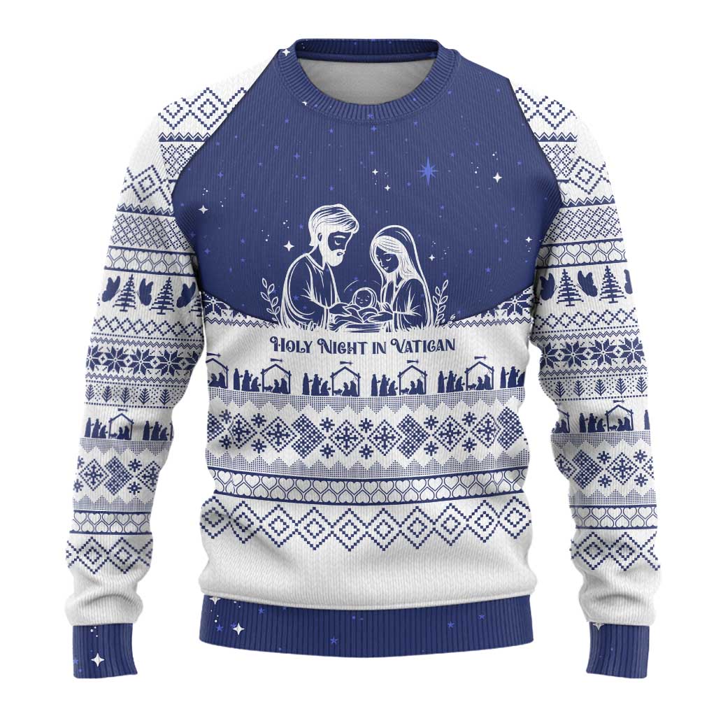Vatican Christmas Ugly Christmas Sweater with Holy Family Nativity Scene Snowflake Pattern and Starry Night - Wonder Print Shop