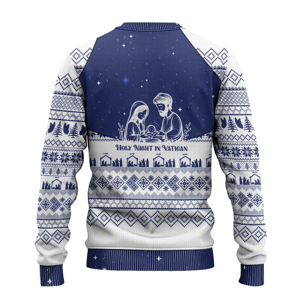 Vatican Christmas Ugly Christmas Sweater with Holy Family Nativity Scene Snowflake Pattern and Starry Night - Wonder Print Shop