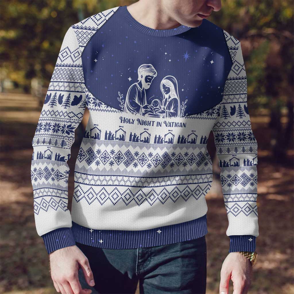 Vatican Christmas Ugly Christmas Sweater with Holy Family Nativity Scene Snowflake Pattern and Starry Night - Wonder Print Shop