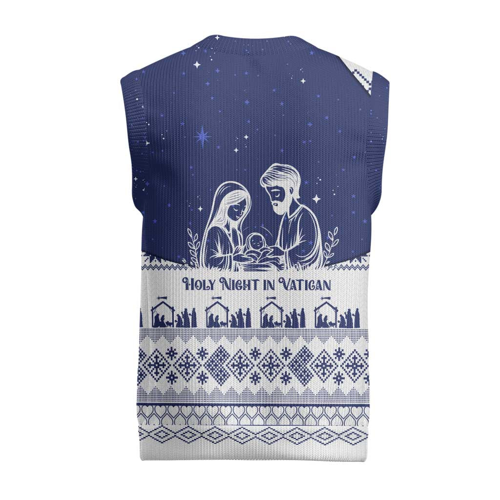 Vatican Christmas Knitted V-Neck Vest with Holy Family Nativity Scene Snowflake Pattern and Starry Night - Wonder Print Shop
