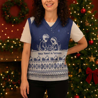 Vatican Christmas Knitted V-Neck Vest with Holy Family Nativity Scene Snowflake Pattern and Starry Night - Wonder Print Shop