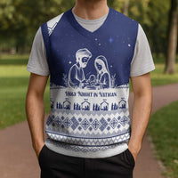 Vatican Christmas Knitted V-Neck Vest with Holy Family Nativity Scene Snowflake Pattern and Starry Night - Wonder Print Shop