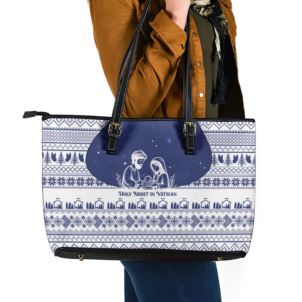 Vatican Christmas Leather Tote Bag with Holy Family Nativity Scene Snowflake Pattern and Starry Night - undefined