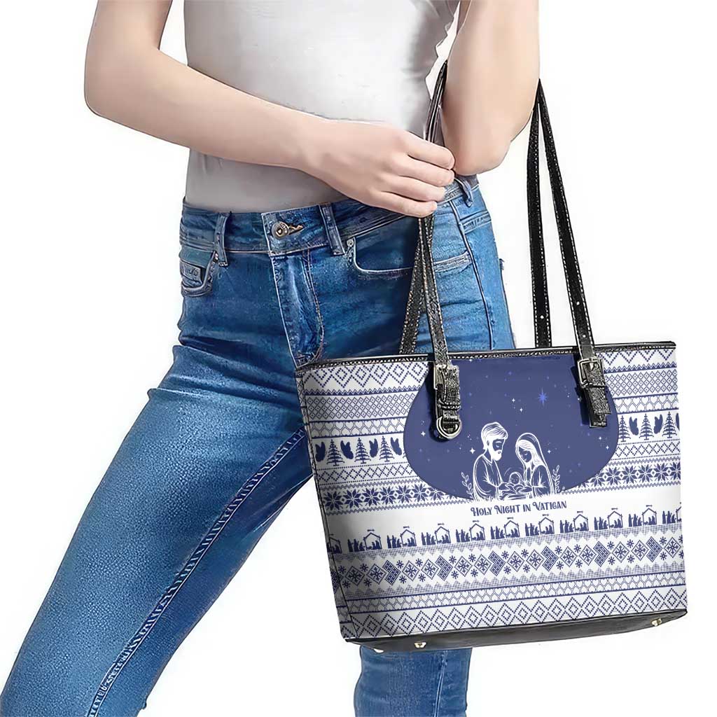 Vatican Christmas Leather Tote Bag with Holy Family Nativity Scene Snowflake Pattern and Starry Night - undefined