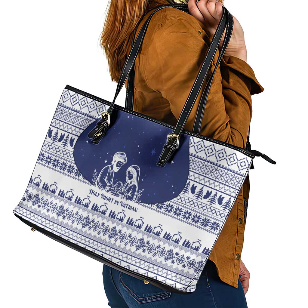 Vatican Christmas Leather Tote Bag with Holy Family Nativity Scene Snowflake Pattern and Starry Night - undefined