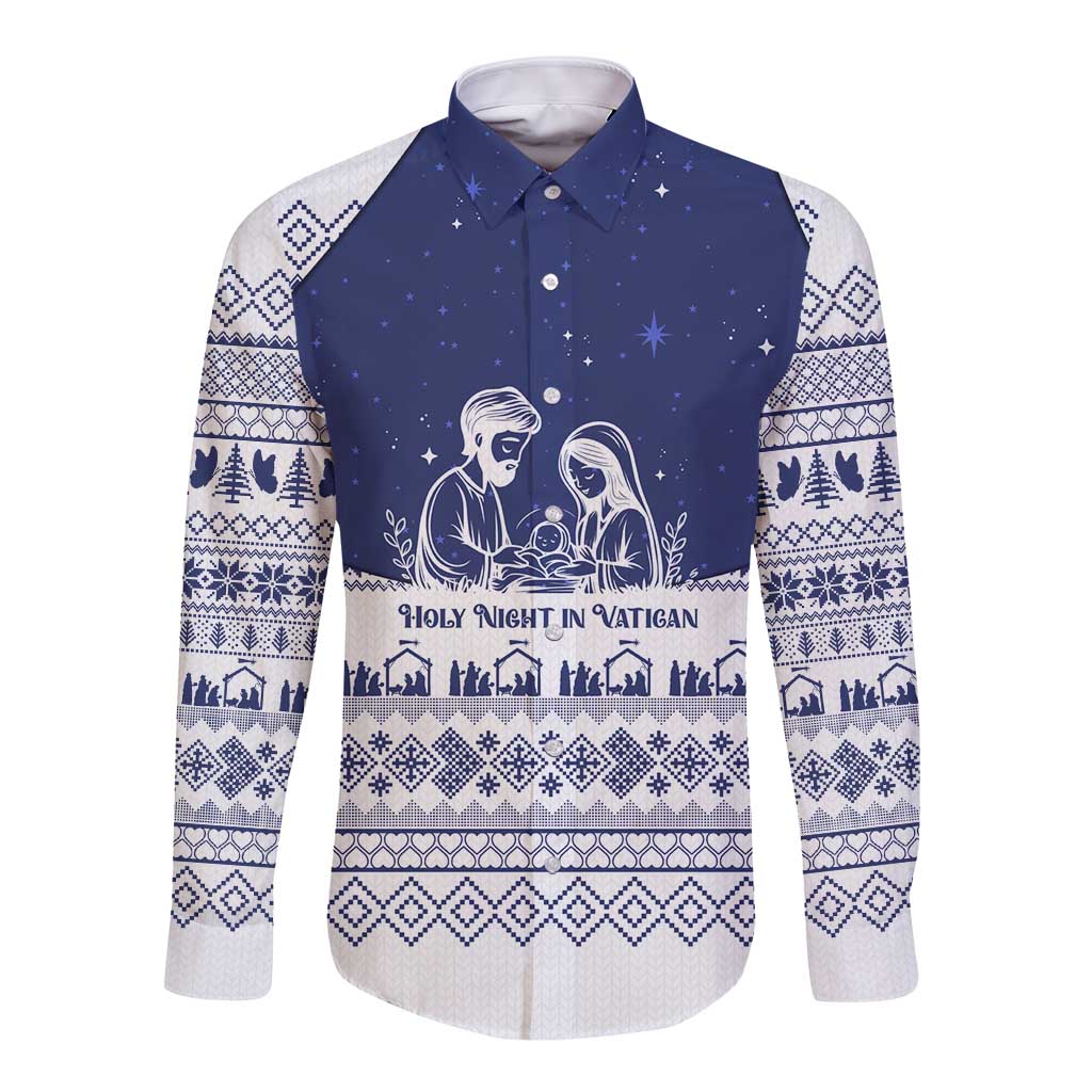 Vatican Christmas Long Sleeve Button Shirt with Holy Family Nativity Scene Snowflake Pattern and Starry Night - Wonder Print Shop