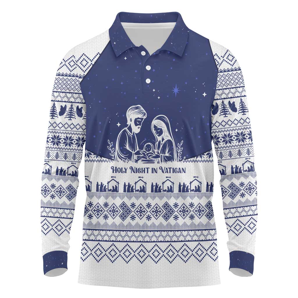 Vatican Christmas Long Sleeve Polo Shirt with Holy Family Nativity Scene Snowflake Pattern and Starry Night - Wonder Print Shop
