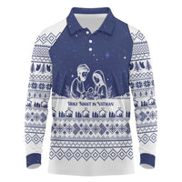 Vatican Christmas Long Sleeve Polo Shirt with Holy Family Nativity Scene Snowflake Pattern and Starry Night - Wonder Print Shop