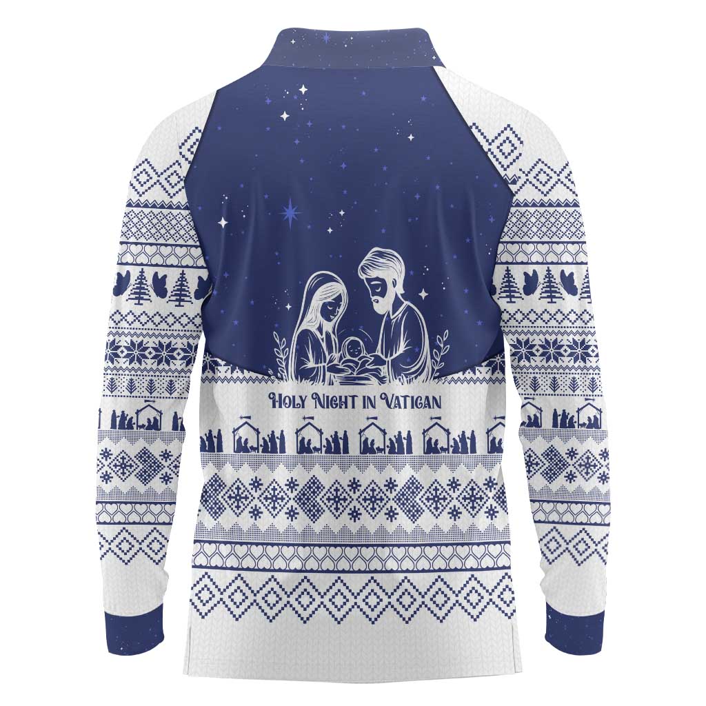 Vatican Christmas Long Sleeve Polo Shirt with Holy Family Nativity Scene Snowflake Pattern and Starry Night - Wonder Print Shop