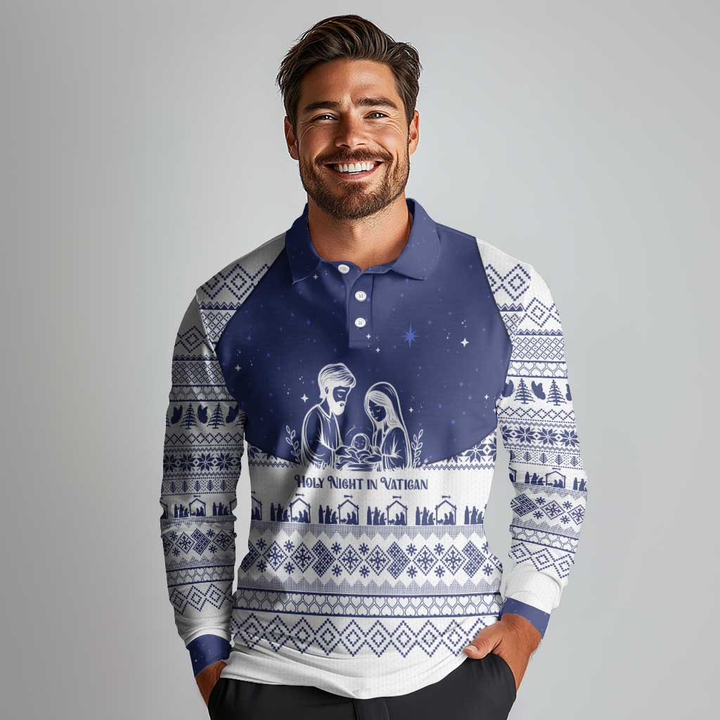 Vatican Christmas Long Sleeve Polo Shirt with Holy Family Nativity Scene Snowflake Pattern and Starry Night - Wonder Print Shop