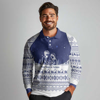 Vatican Christmas Long Sleeve Polo Shirt with Holy Family Nativity Scene Snowflake Pattern and Starry Night - Wonder Print Shop