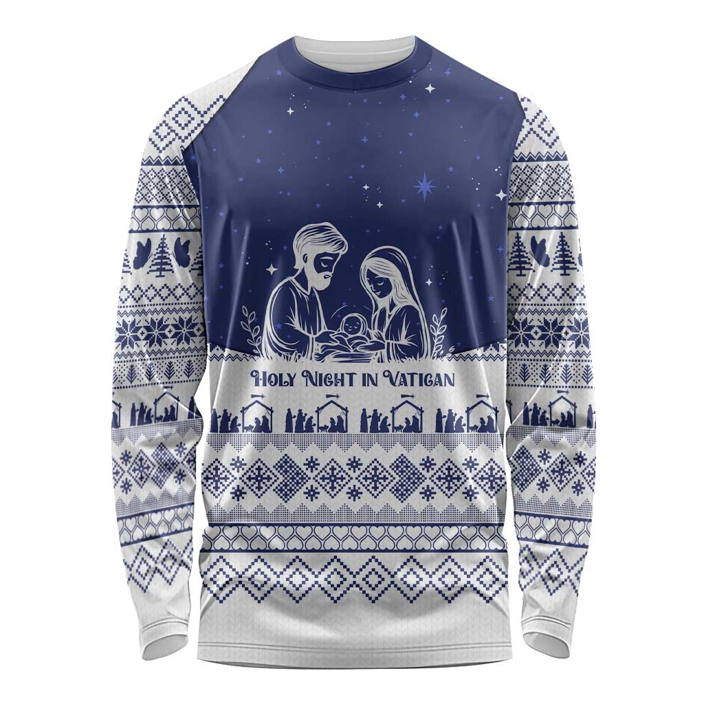 Vatican Christmas Long Sleeve Shirt with Holy Family Nativity Scene Snowflake Pattern and Starry Night - Wonder Print Shop