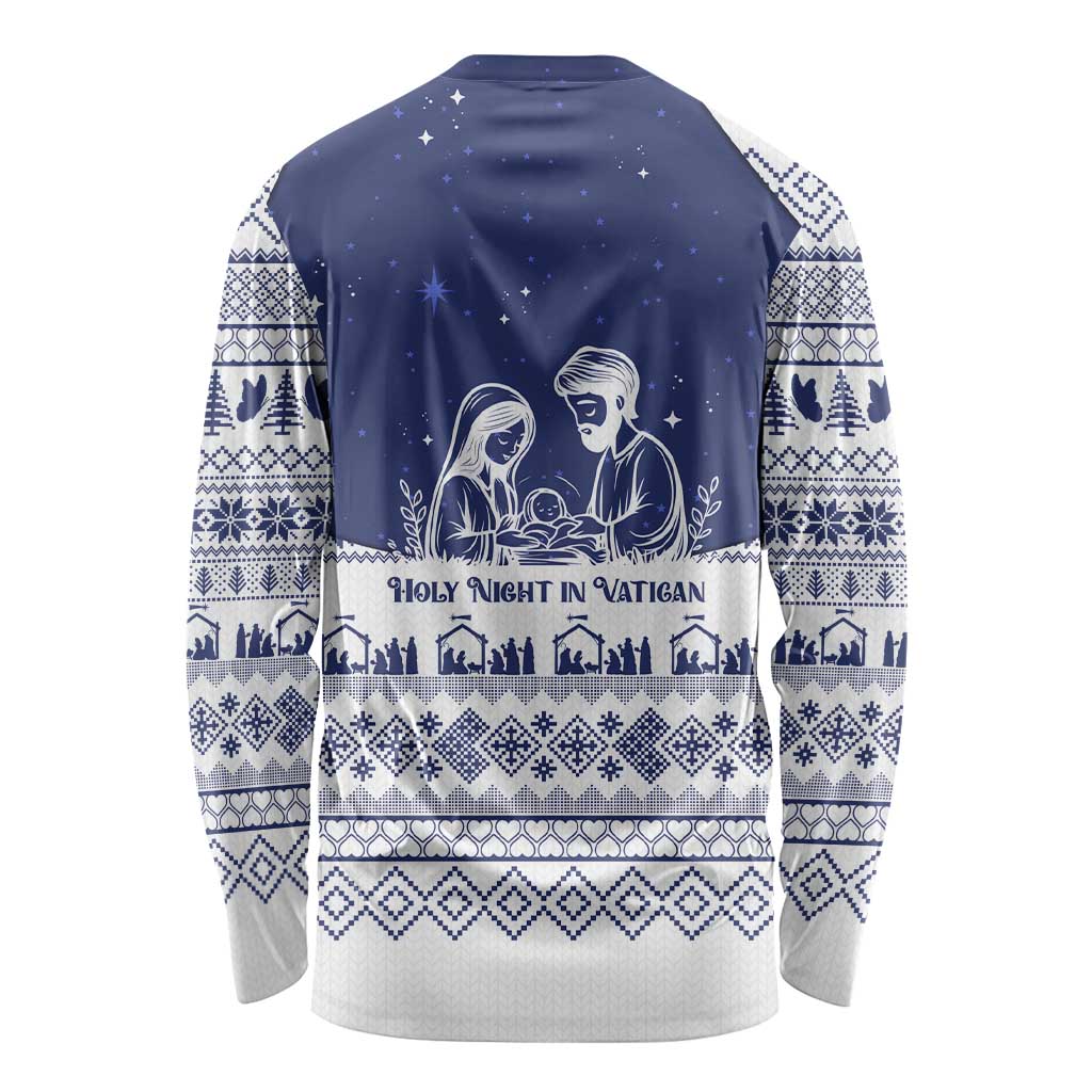 Vatican Christmas Long Sleeve Shirt with Holy Family Nativity Scene Snowflake Pattern and Starry Night - Wonder Print Shop