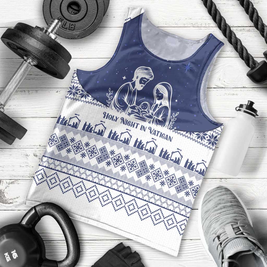Vatican Christmas Men Tank Top with Holy Family Nativity Scene Snowflake Pattern and Starry Night - Wonder Print Shop