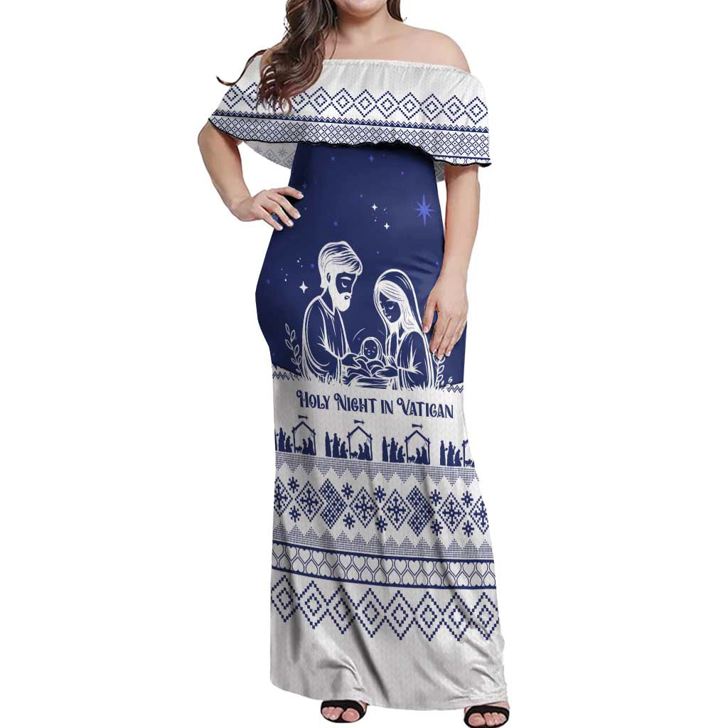 Vatican Christmas Off Shoulder Maxi Dress with Holy Family Nativity Scene Snowflake Pattern and Starry Night - Wonder Print Shop