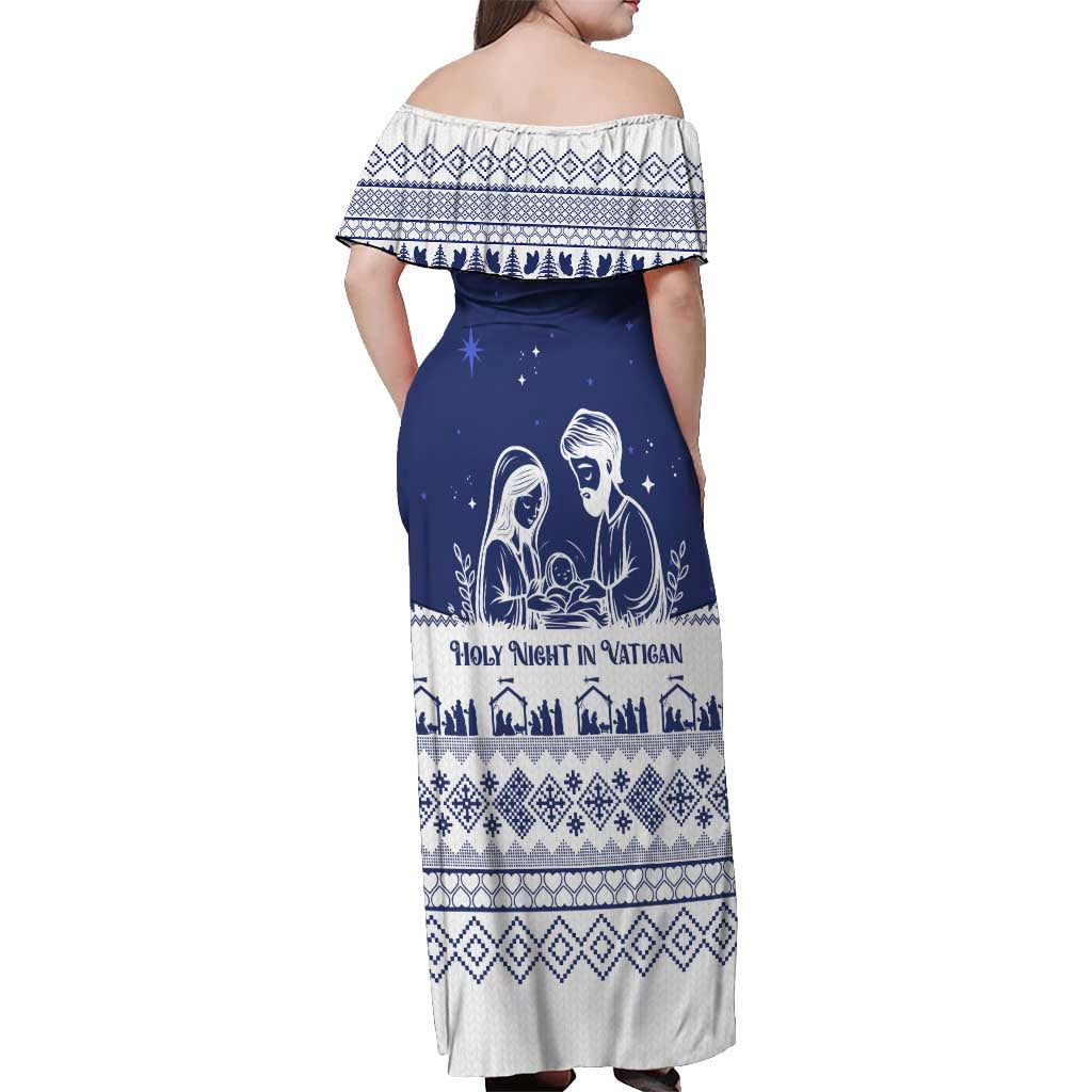 Vatican Christmas Off Shoulder Maxi Dress with Holy Family Nativity Scene Snowflake Pattern and Starry Night - Wonder Print Shop