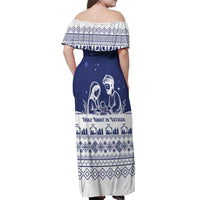 Vatican Christmas Off Shoulder Maxi Dress with Holy Family Nativity Scene Snowflake Pattern and Starry Night - Wonder Print Shop
