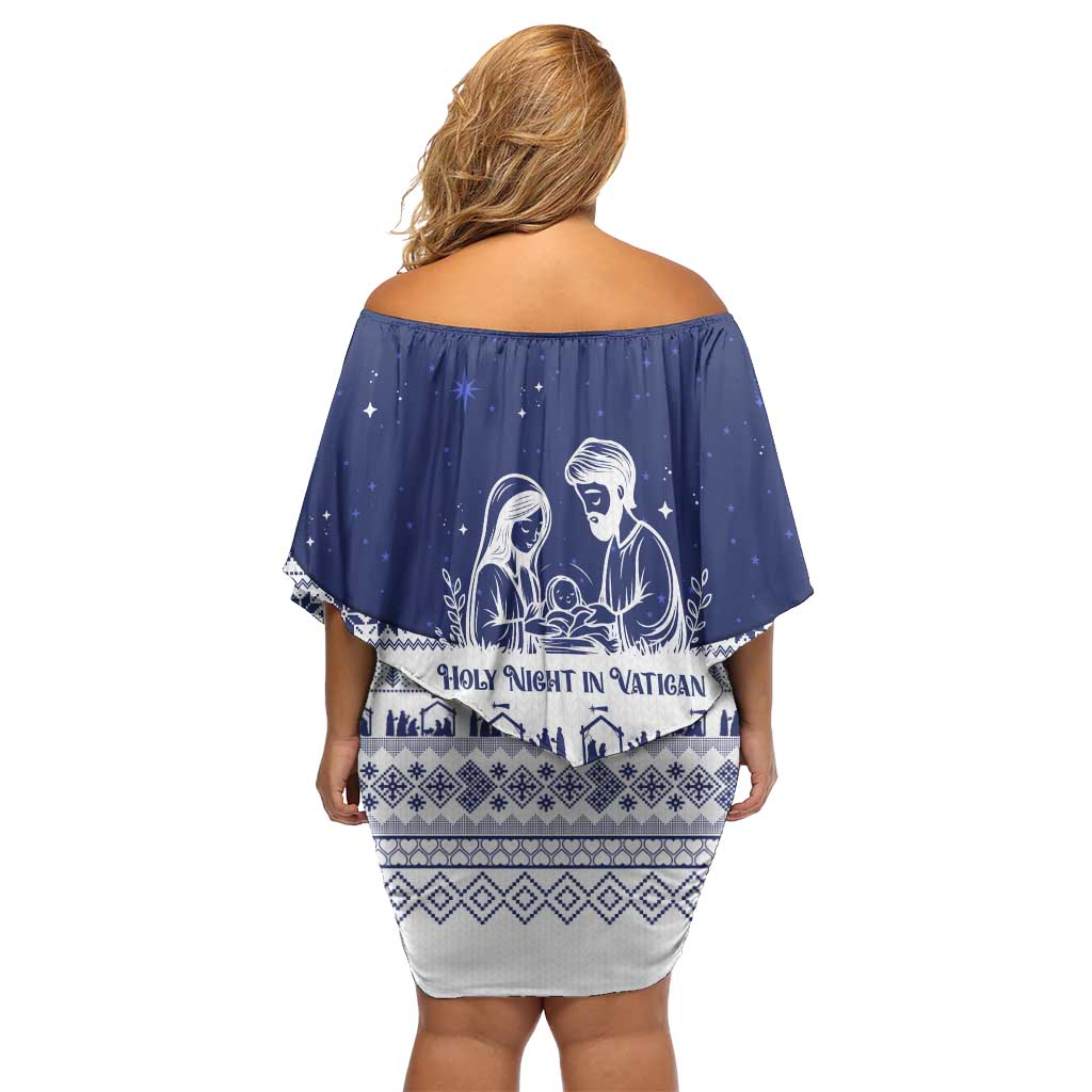 Vatican Christmas Off Shoulder Short Dress with Holy Family Nativity Scene Snowflake Pattern and Starry Night - Wonder Print Shop