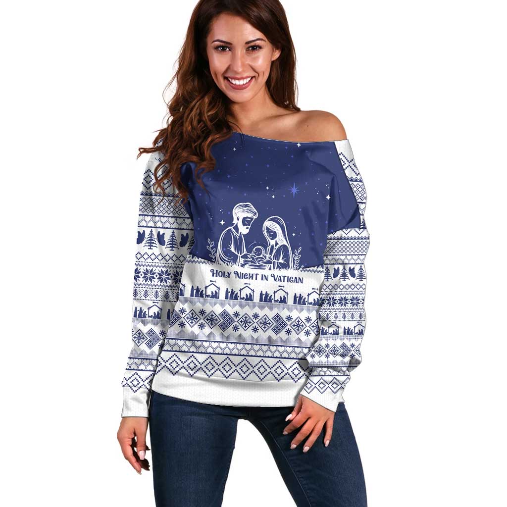 Vatican Christmas Off Shoulder Sweater with Holy Family Nativity Scene Snowflake Pattern and Starry Night - Wonder Print Shop