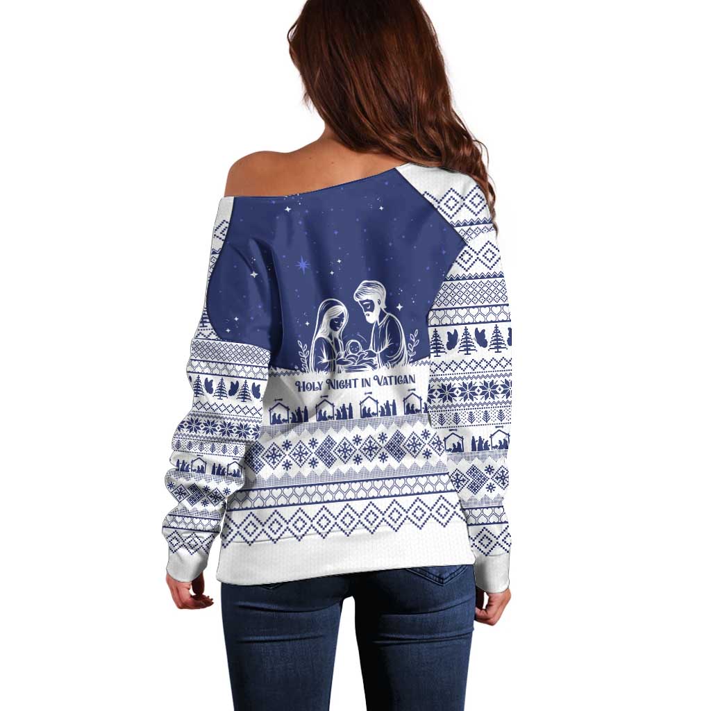 Vatican Christmas Off Shoulder Sweater with Holy Family Nativity Scene Snowflake Pattern and Starry Night - Wonder Print Shop