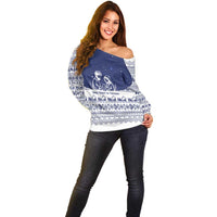 Vatican Christmas Off Shoulder Sweater with Holy Family Nativity Scene Snowflake Pattern and Starry Night - Wonder Print Shop