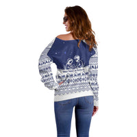 Vatican Christmas Off Shoulder Sweater with Holy Family Nativity Scene Snowflake Pattern and Starry Night - Wonder Print Shop