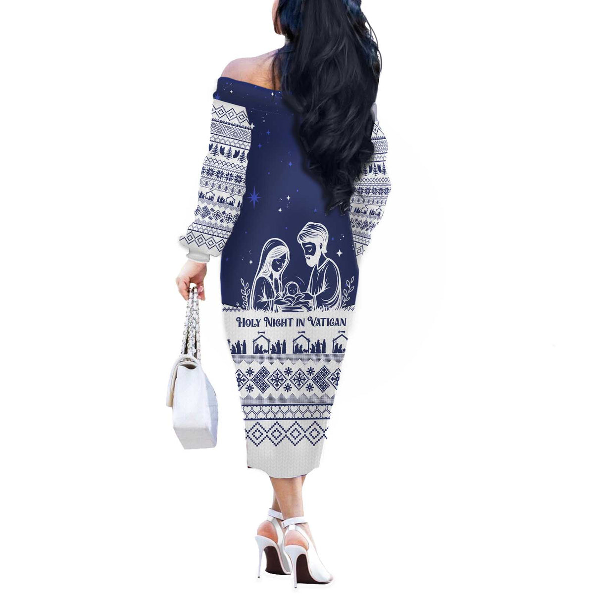 Vatican Christmas Off The Shoulder Long Sleeve Dress with Holy Family Nativity Scene Snowflake Pattern and Starry Night - Wonder Print Shop