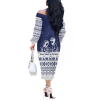 Vatican Christmas Off The Shoulder Long Sleeve Dress with Holy Family Nativity Scene Snowflake Pattern and Starry Night - Wonder Print Shop